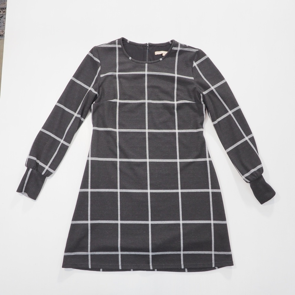 Hutch Dress Womens Large Black Plaid Windowpane Long Sleeve Mini Shift Stretch